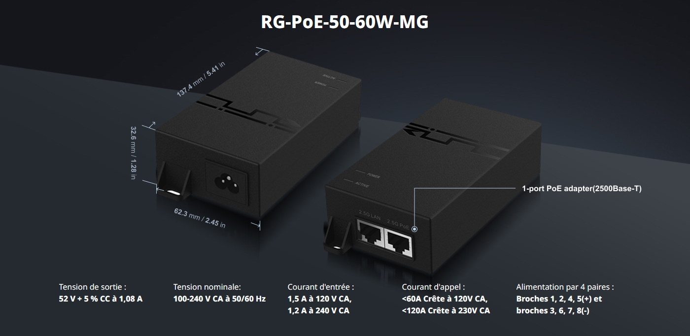 RG-POE-50-60W-MG – Injecteur PoE 2.5G, 56V 60W, 4 paires